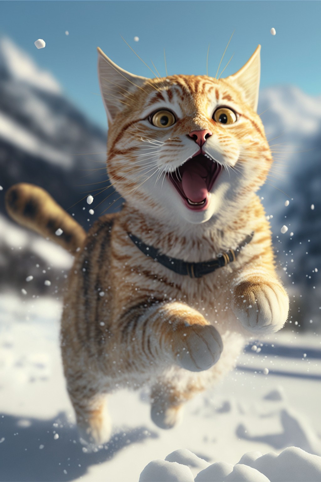 Silly cat jumping happily in the snow