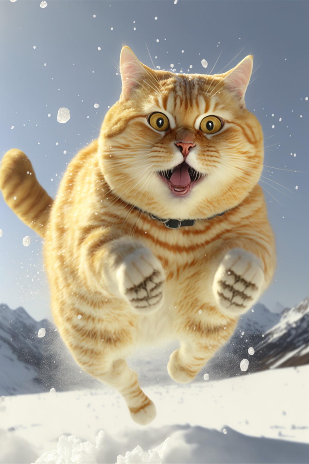 Silly cat jumping happily in the snow