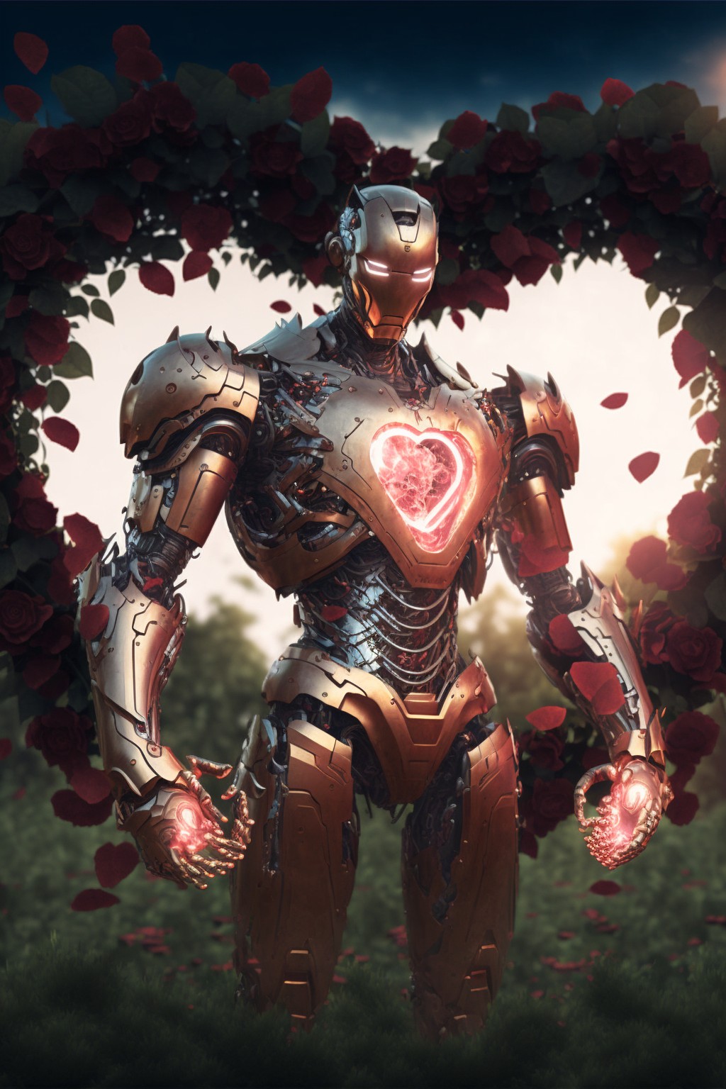 6 images of iron man with a rose heart by Midjourney