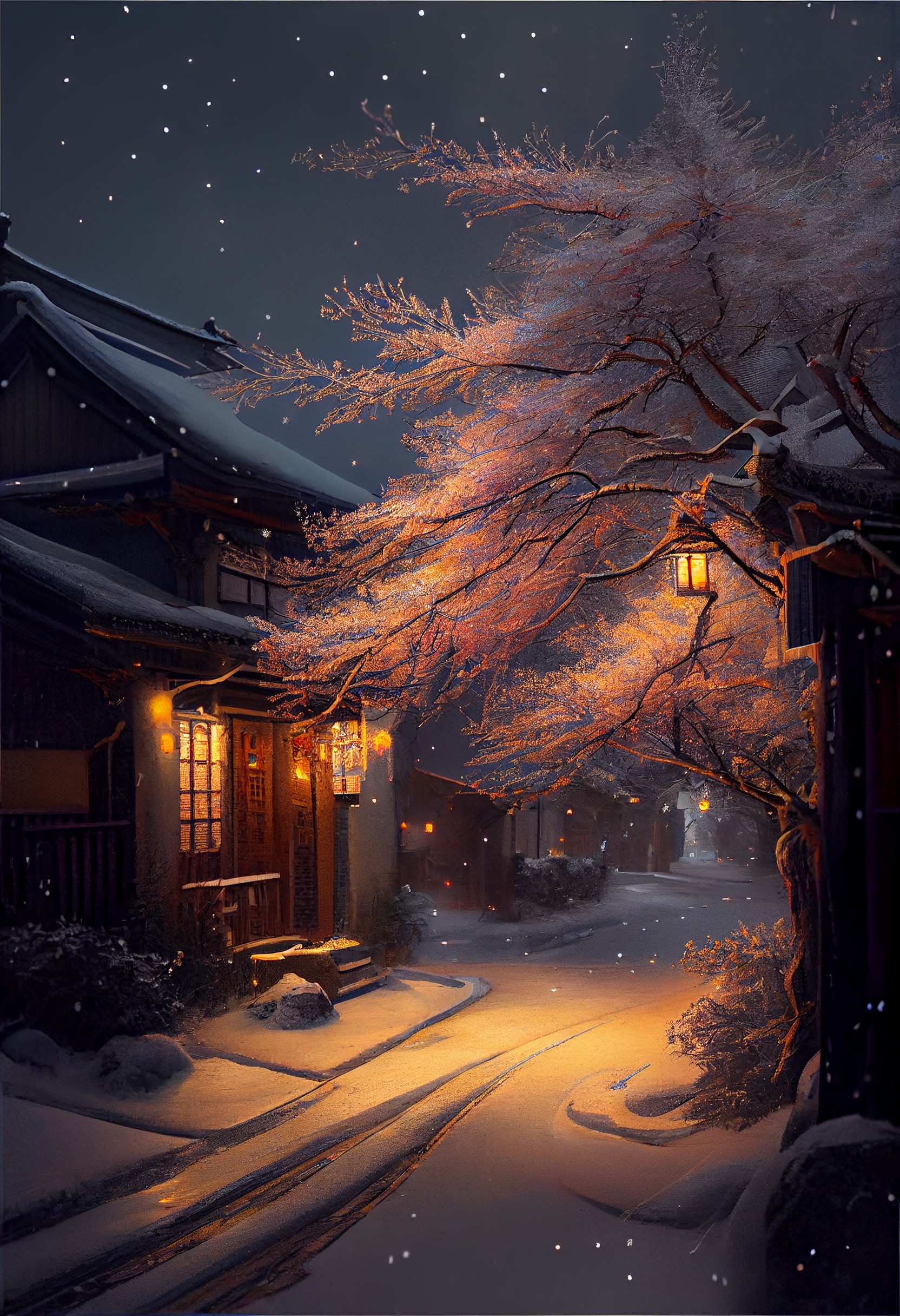 Plum Blossom Village Road on a Snowy Night