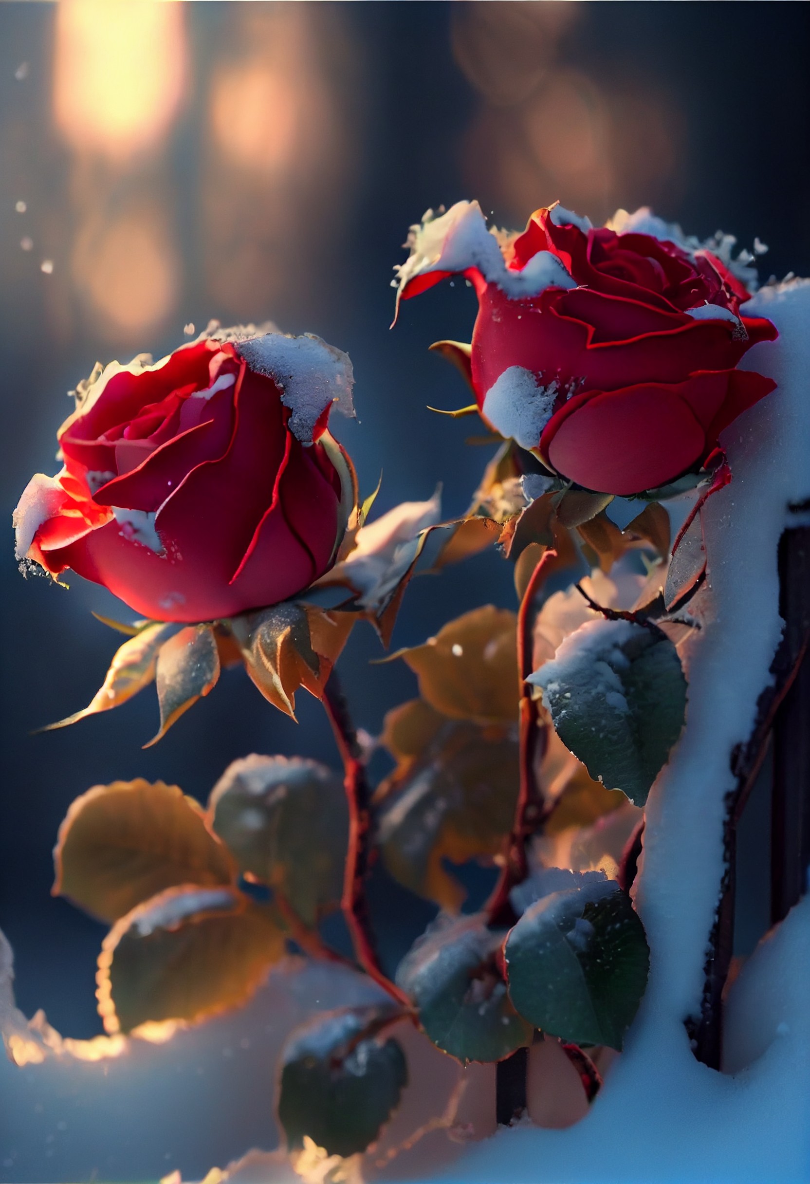 4 images of red rose in snow by Midjourney