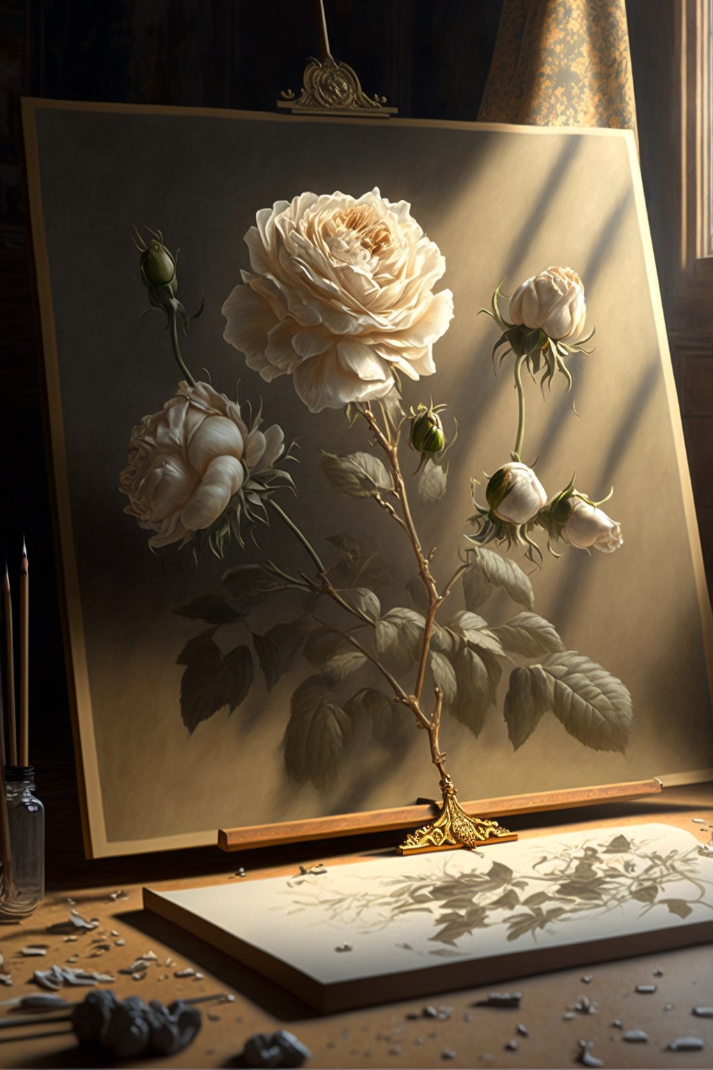 4 images of A delicate painting of roses by Midjourney