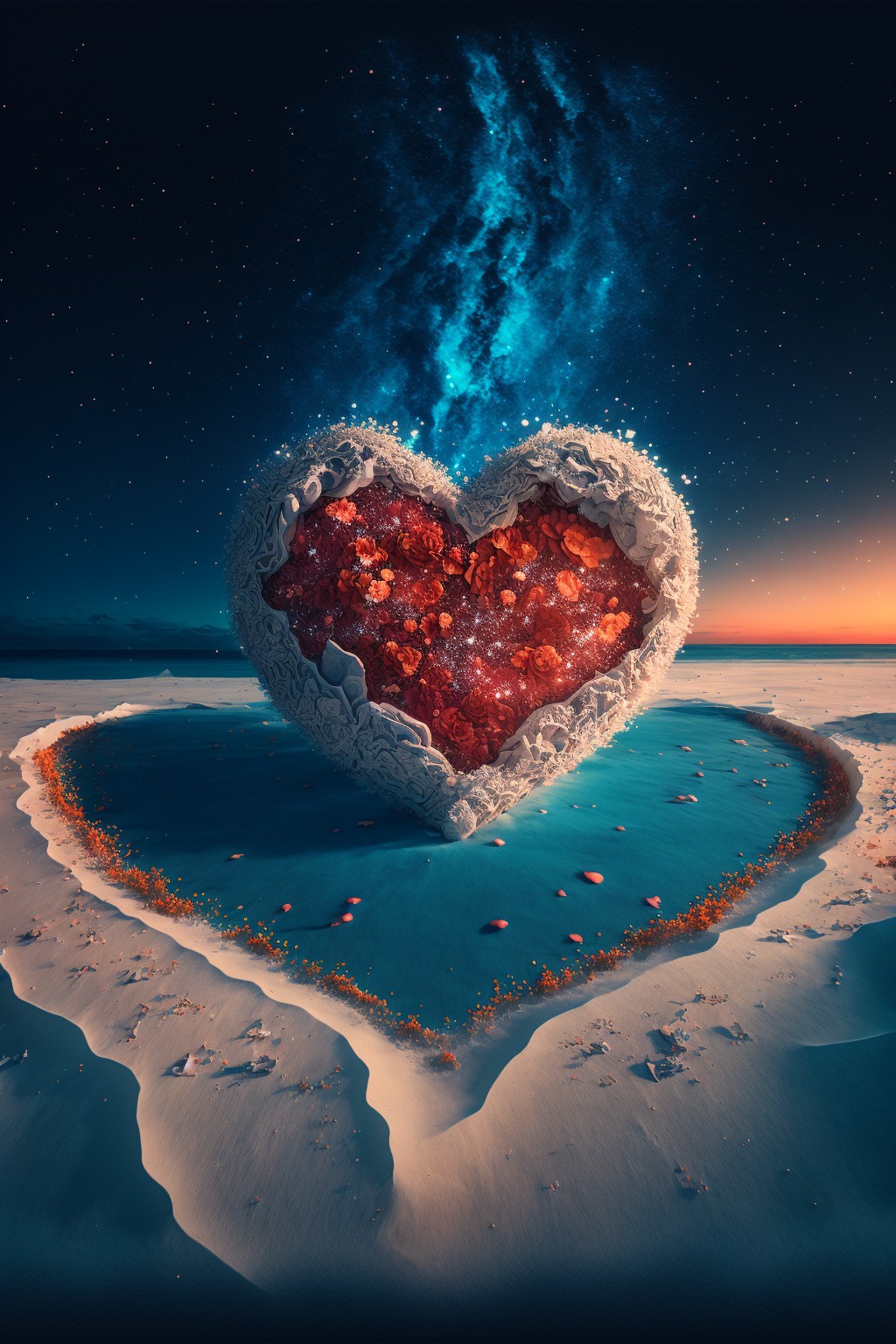 Heart-shaped roses under the starry sky and snow