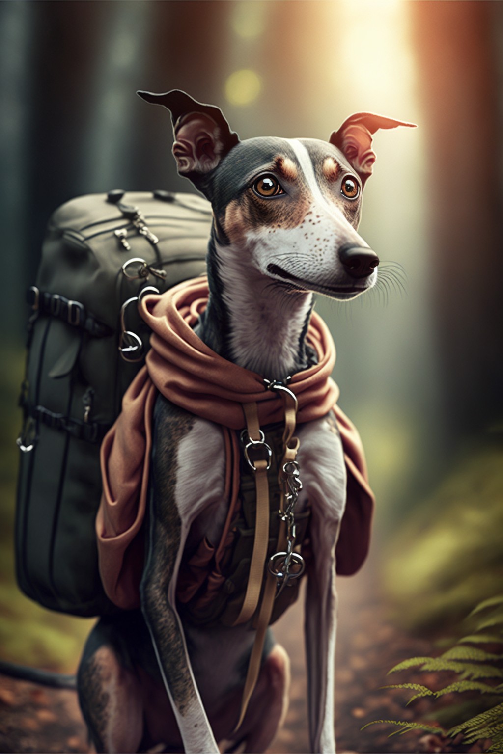 4 images of Backpacker's Cute Greyhound by Midjourney
