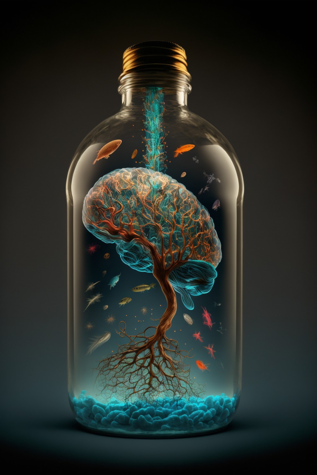 6 images of brain in a bottle by Midjourney