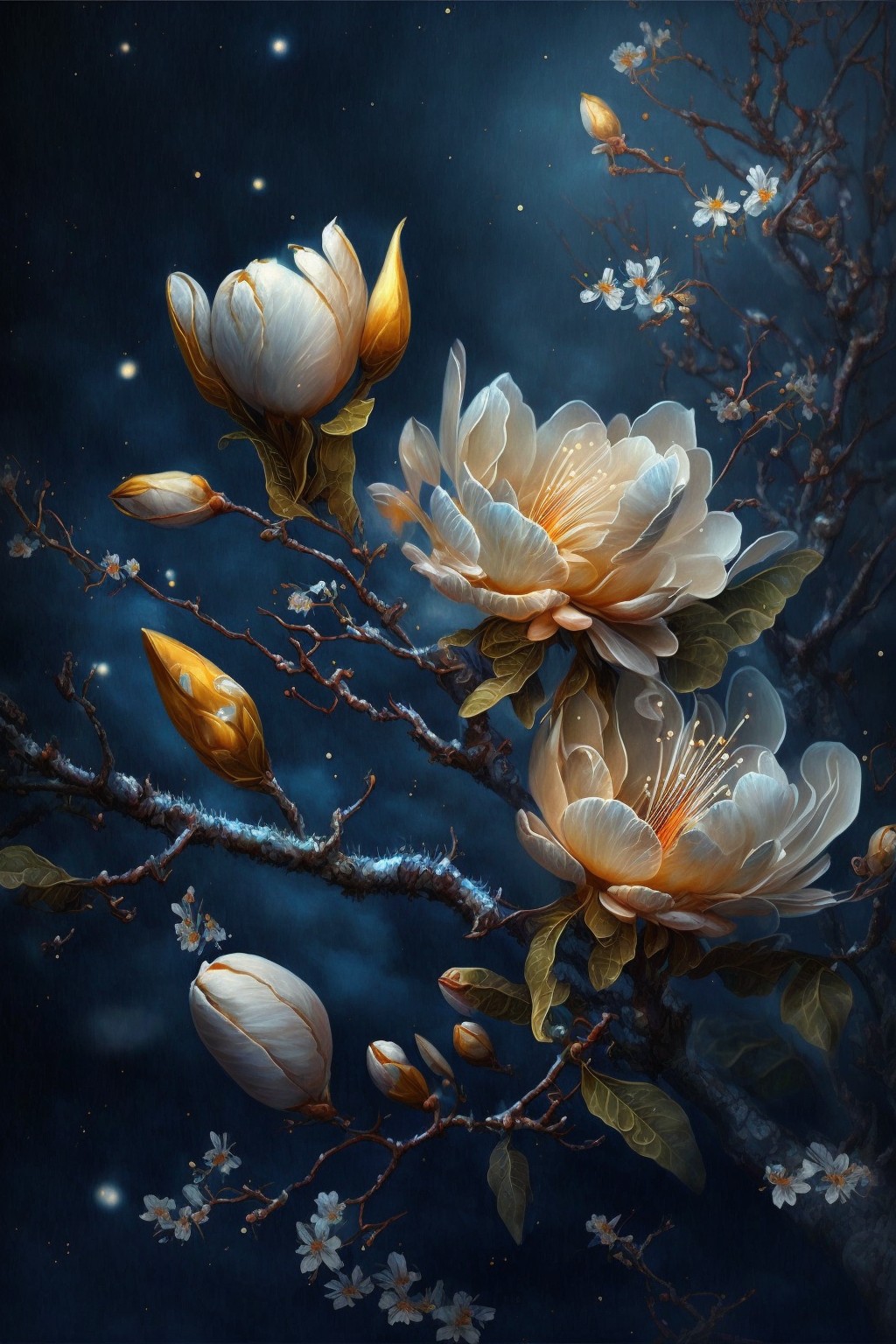 4 images of magnolia blooming at night by Midjourney