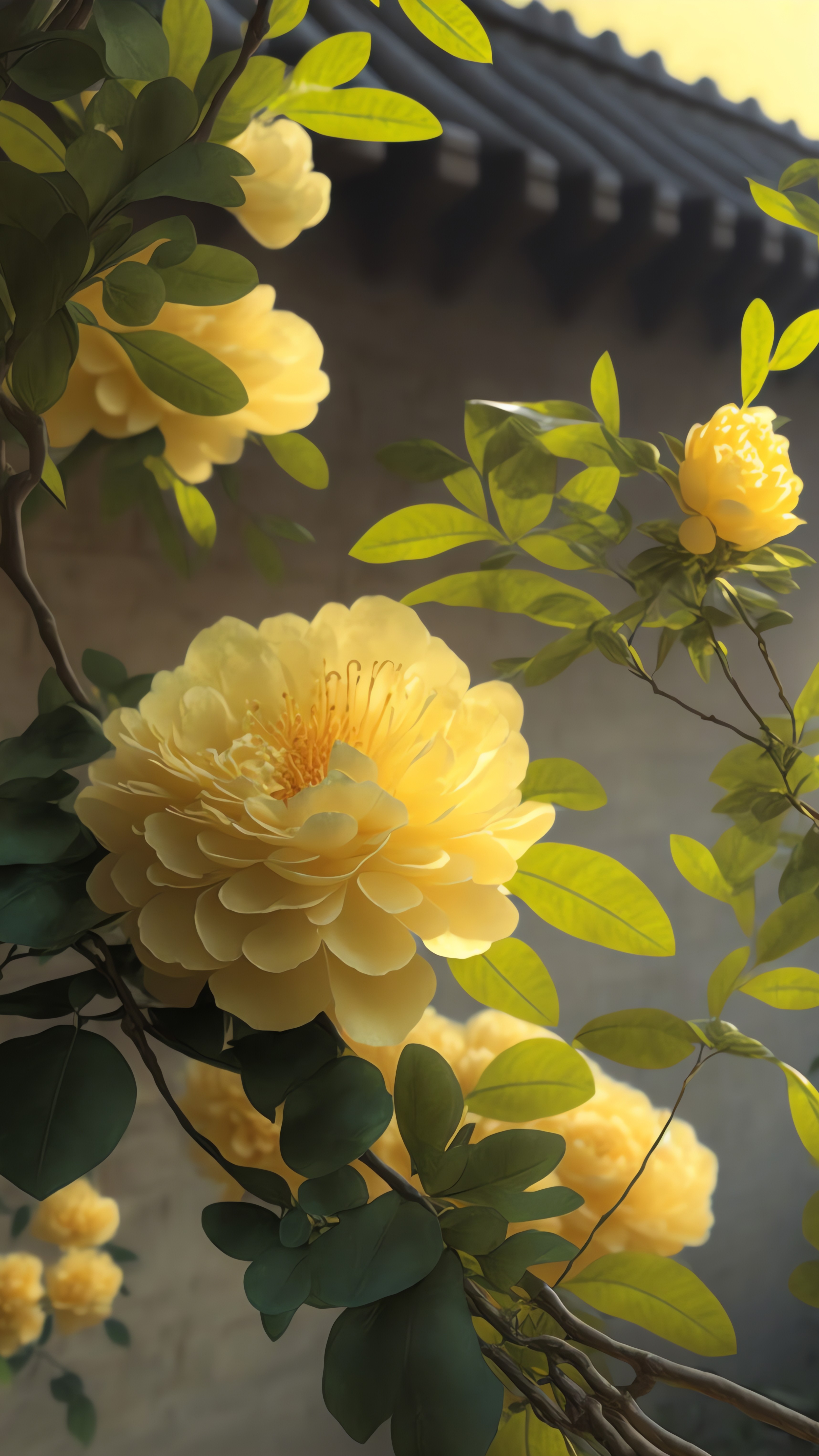 4 images of yellow camellias in the morning by Midjourney