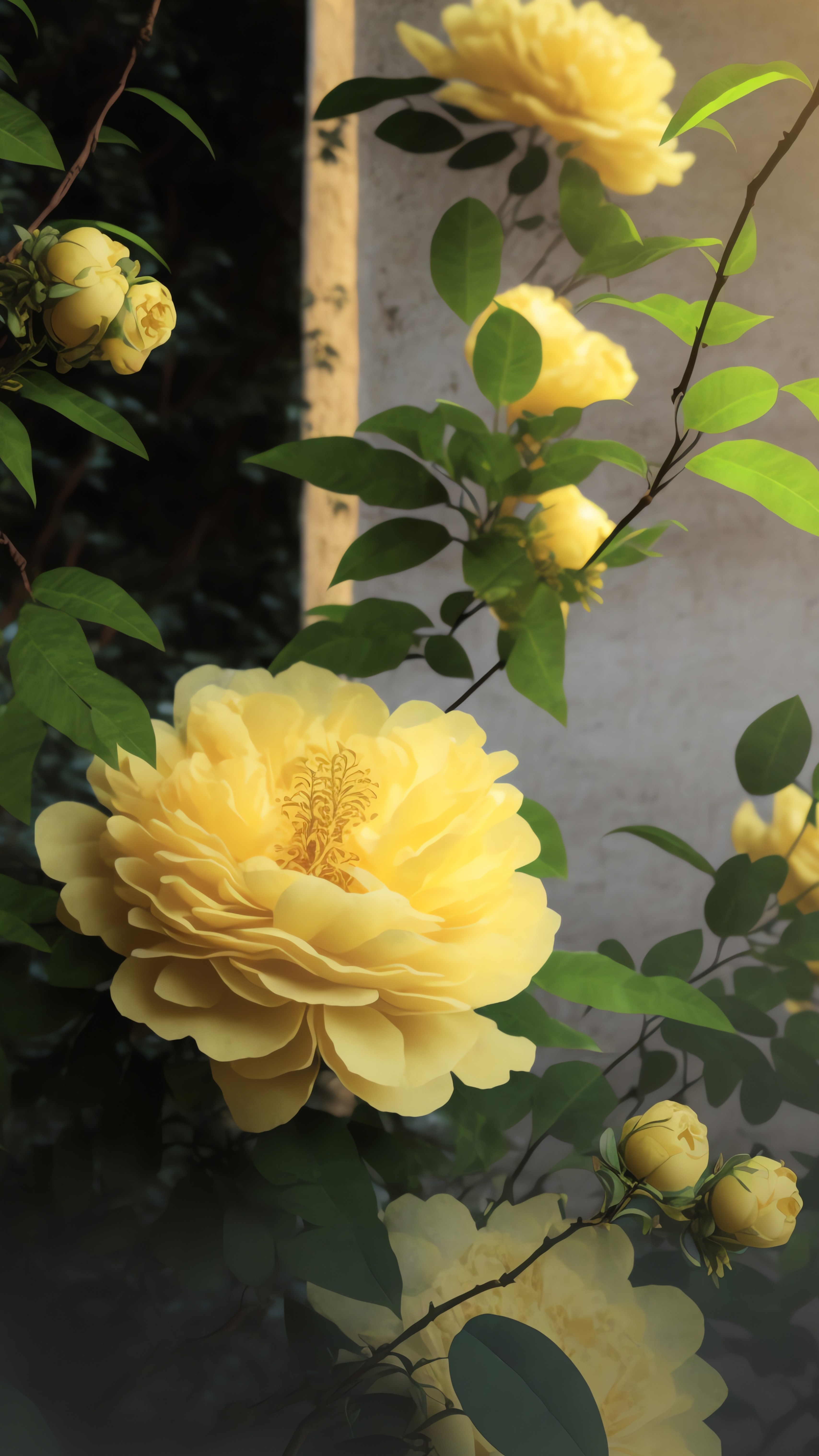 yellow camellias in the morning