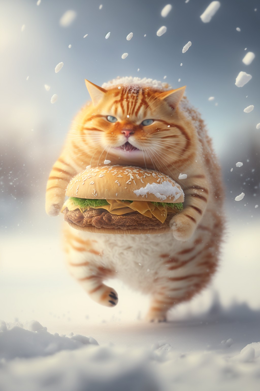 Fat cat running in the snow holding a hamburger