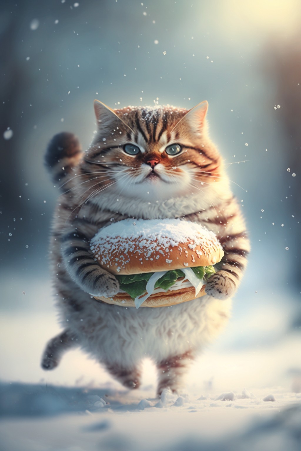 Fat cat running in the snow holding a hamburger