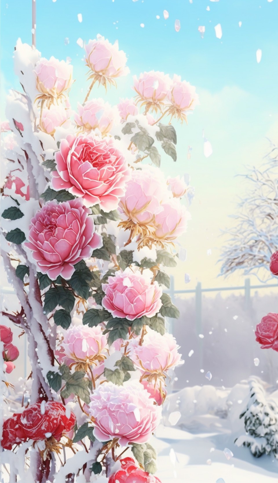 5 images of roses in snow by Midjourney