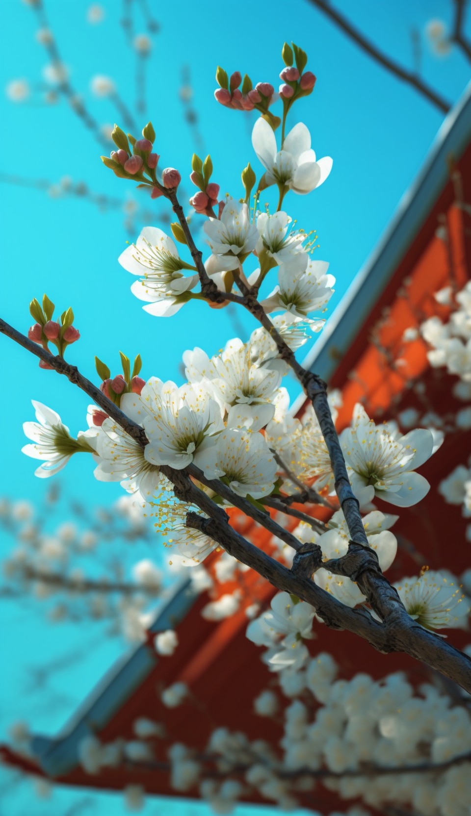 立春蓝天下的樱花与梅花