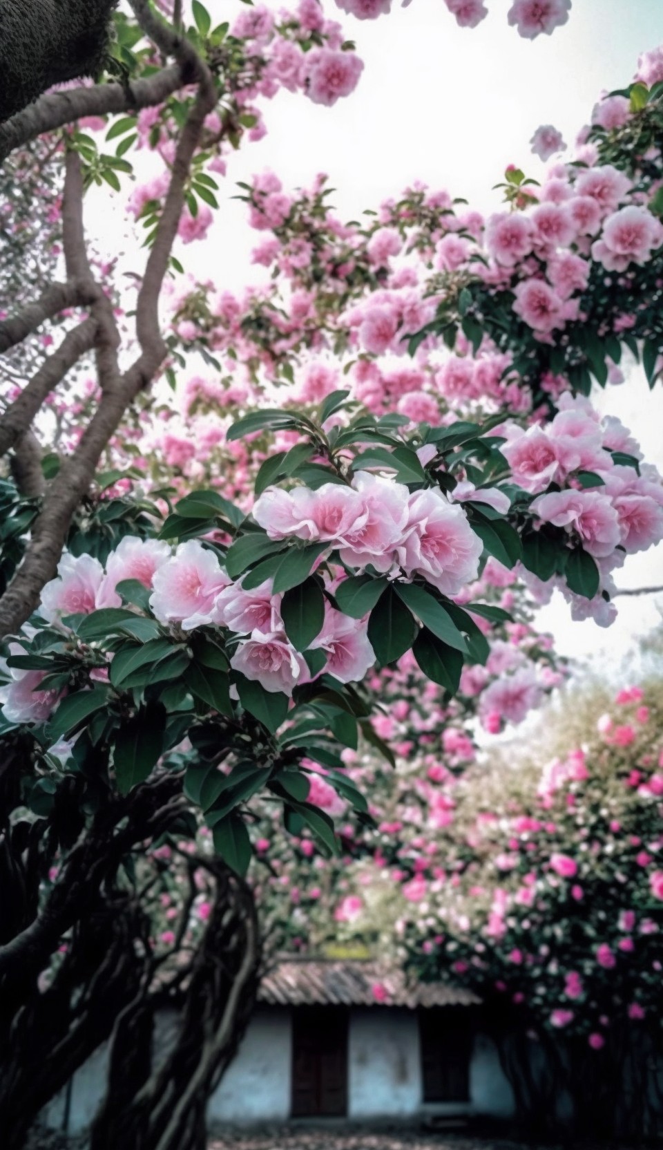7 images of blooming camellia by Midjourney