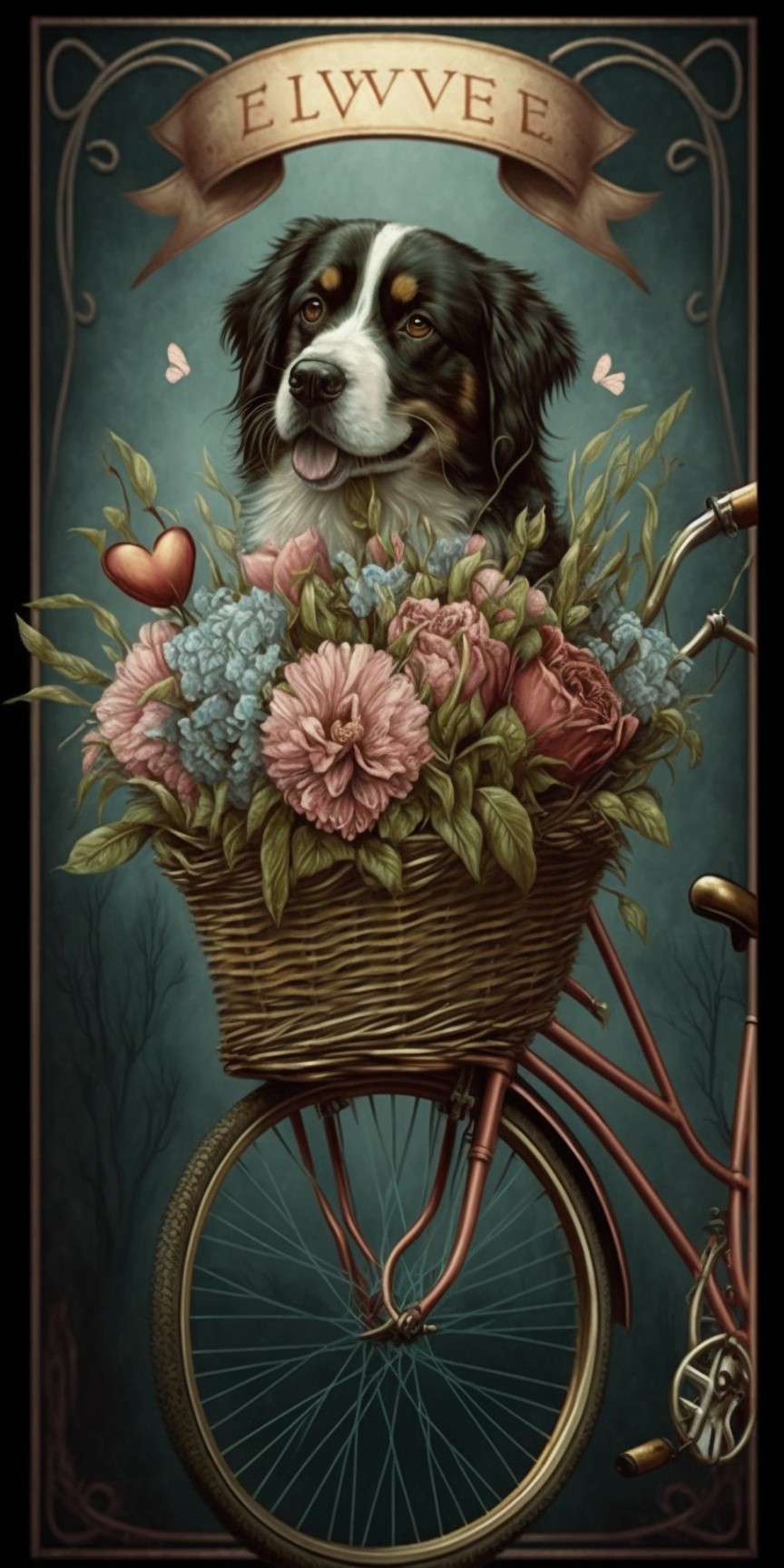 9 images of roses and puppy on bicycle by Midjourney