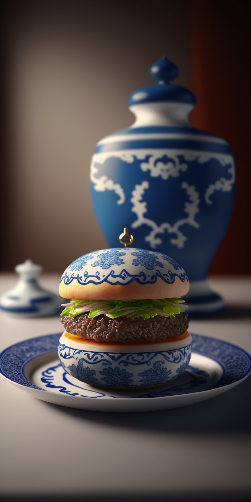 5 images of Blue and White Porcelain Burger by Midjourney
