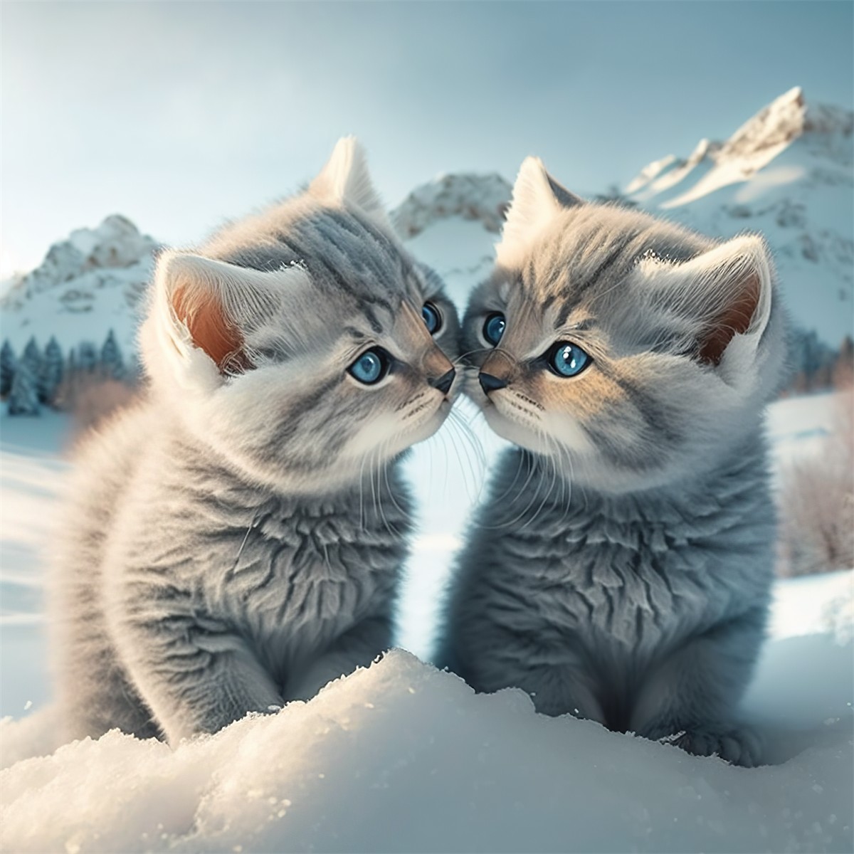 Head portrait of two kittens in the snow