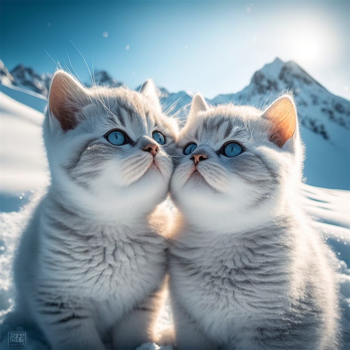 Head portrait of two kittens in the snow