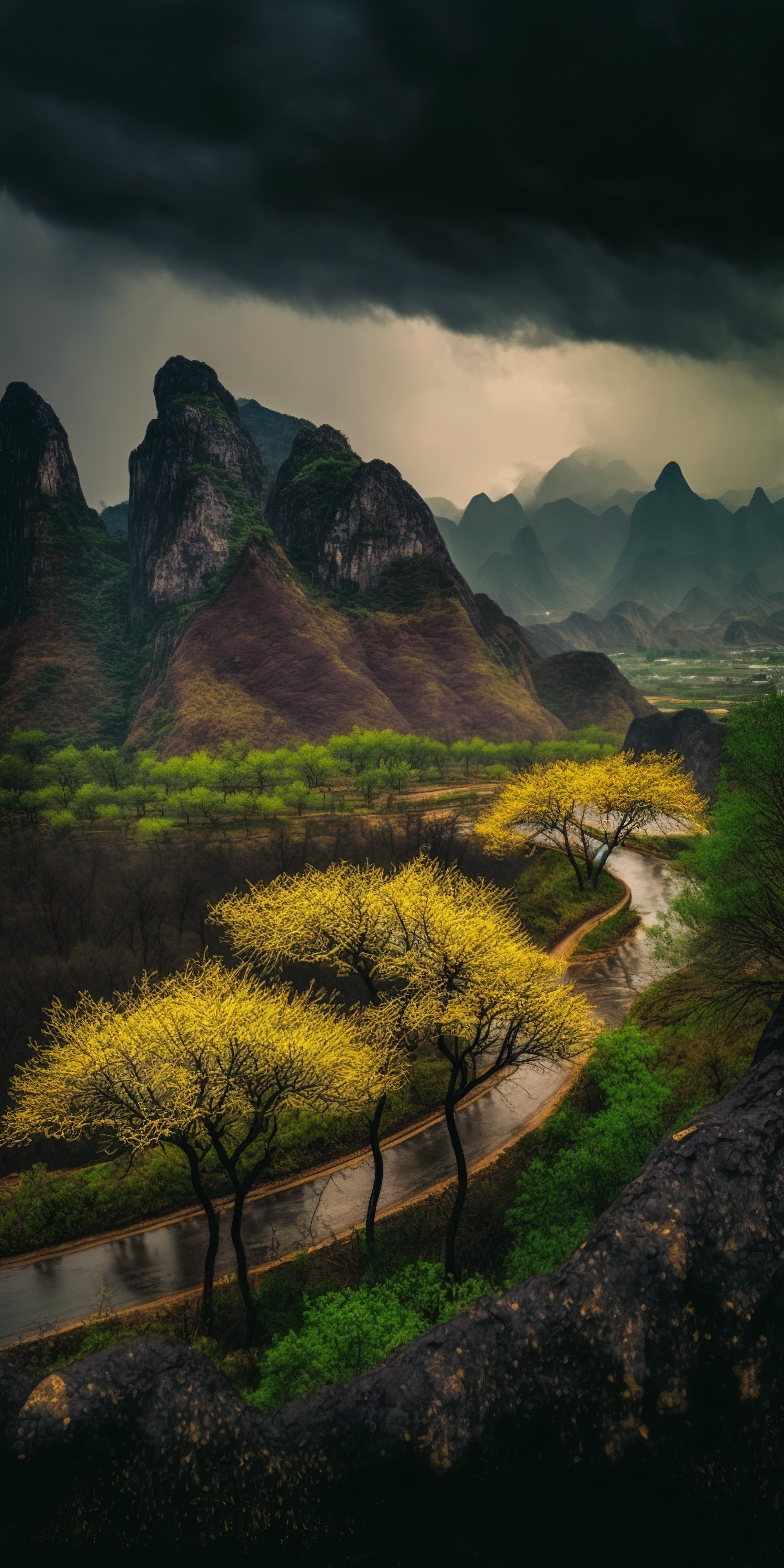 The beauty of China in the spring rain becomes a painting