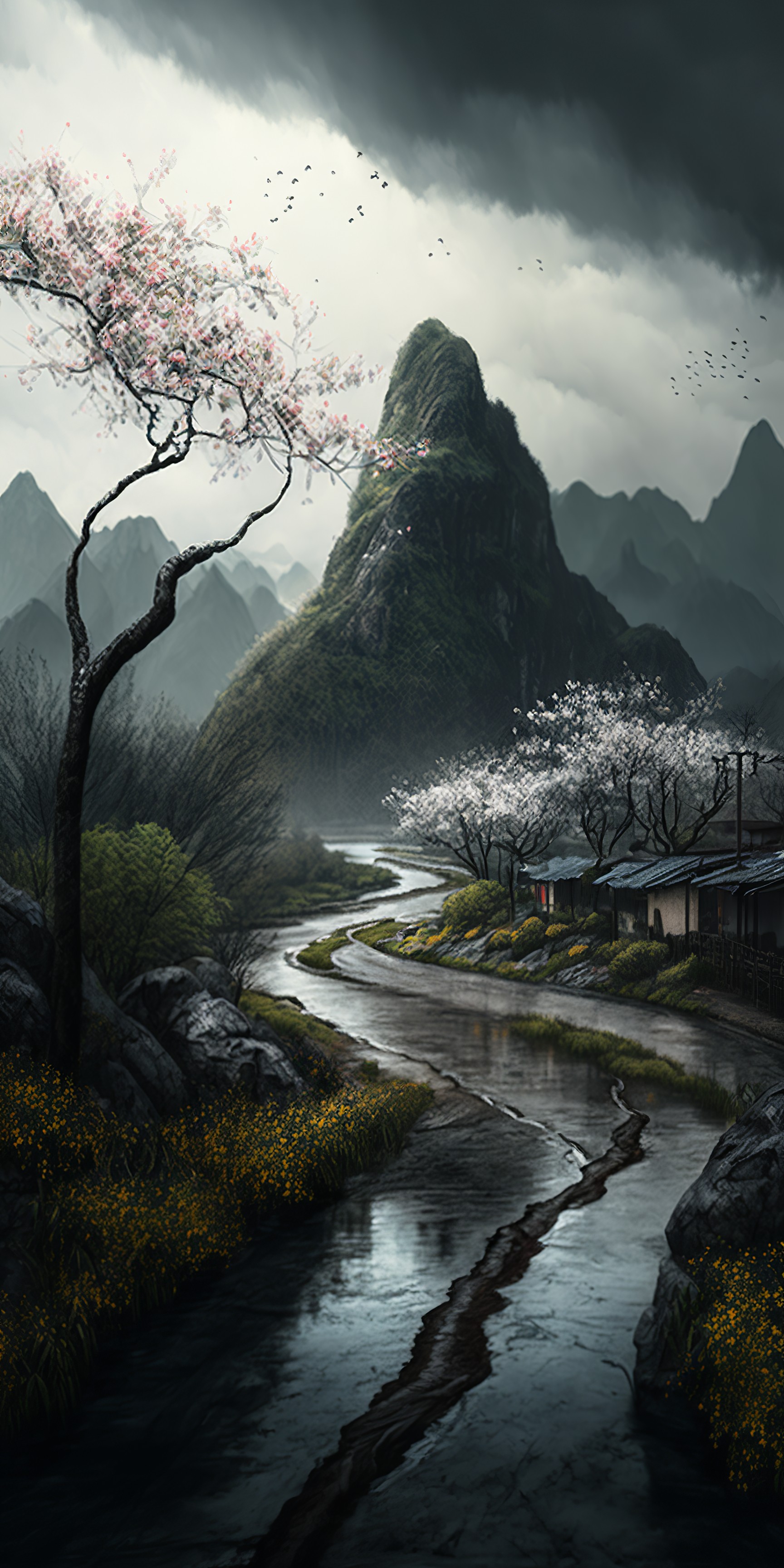 The beauty of China in the spring rain becomes a painting