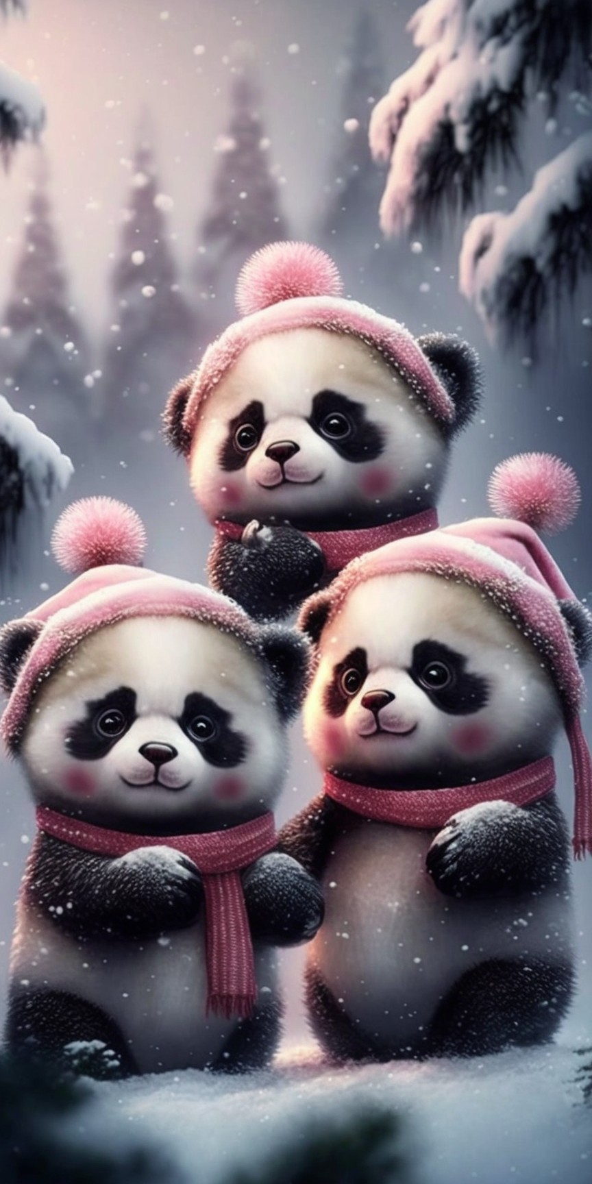 带着粉色帽子的熊猫一家人