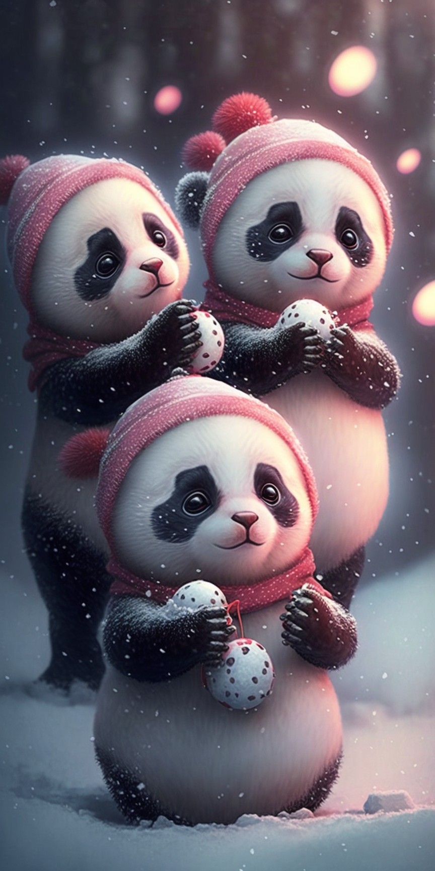带着粉色帽子的熊猫一家人