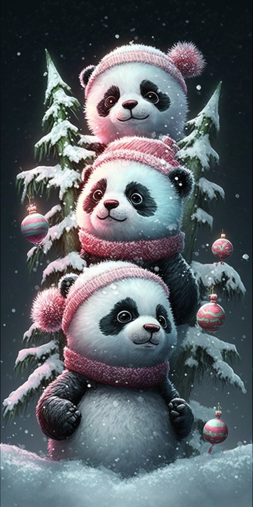Panda family with pink hats