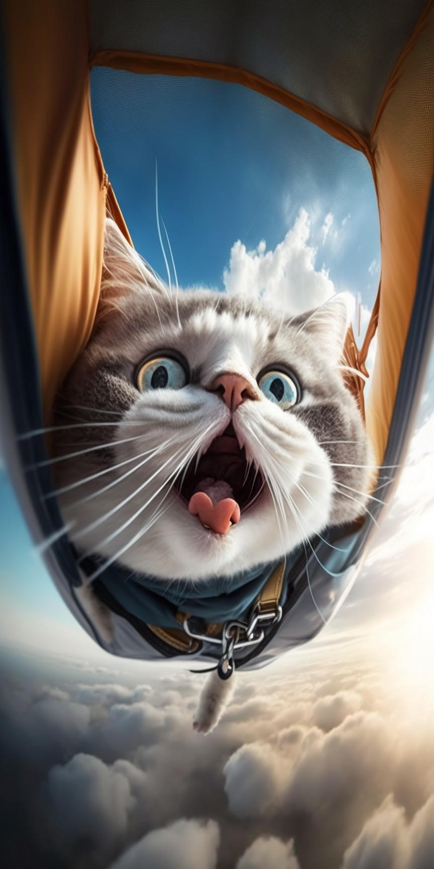 Parachute kitten falling from the sky