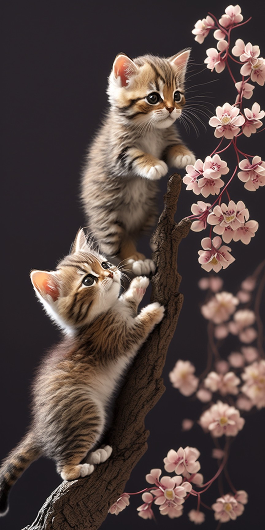 Two kittens on the cherry blossom tree