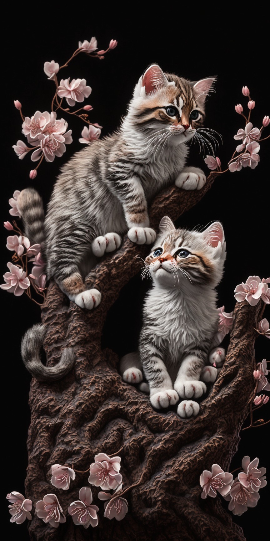 Two kittens on the cherry blossom tree
