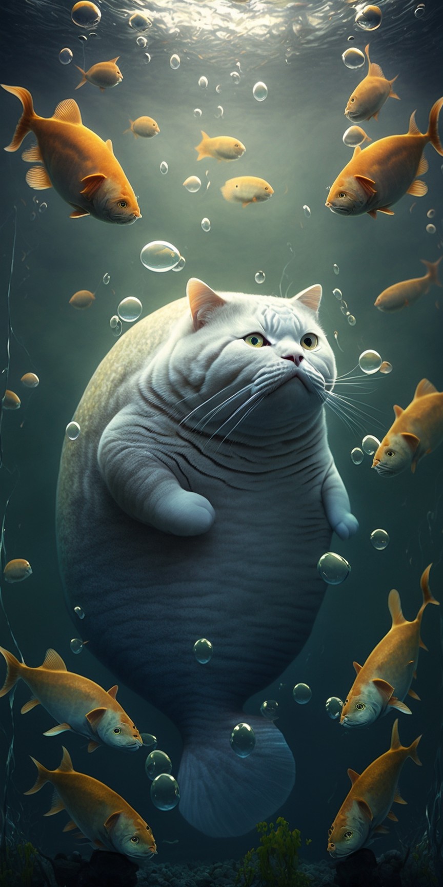 11 images of cat surrounded by fish by Midjourney