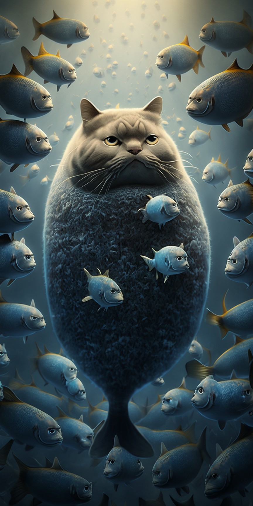 cat surrounded by fish
