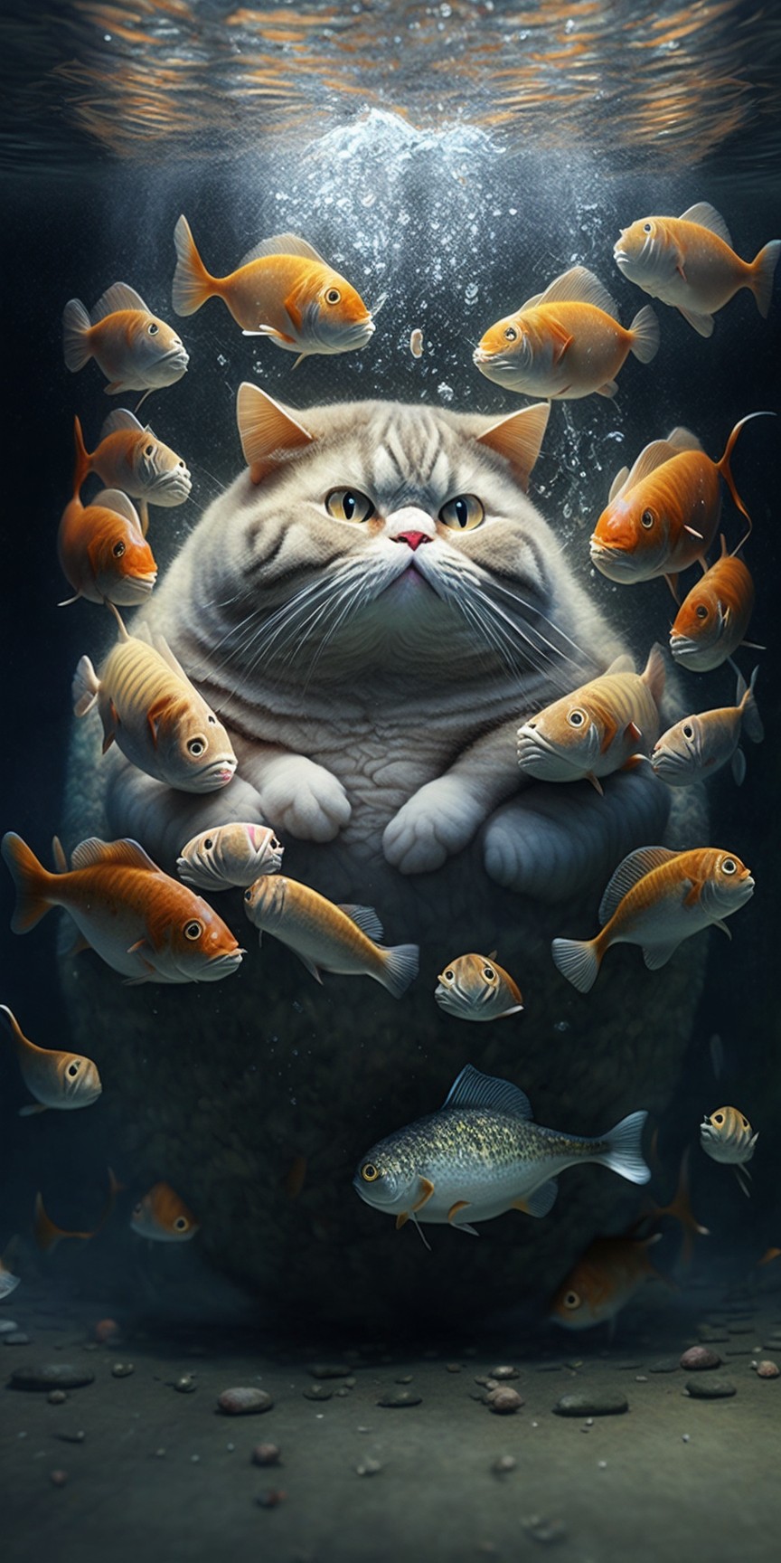 cat surrounded by fish