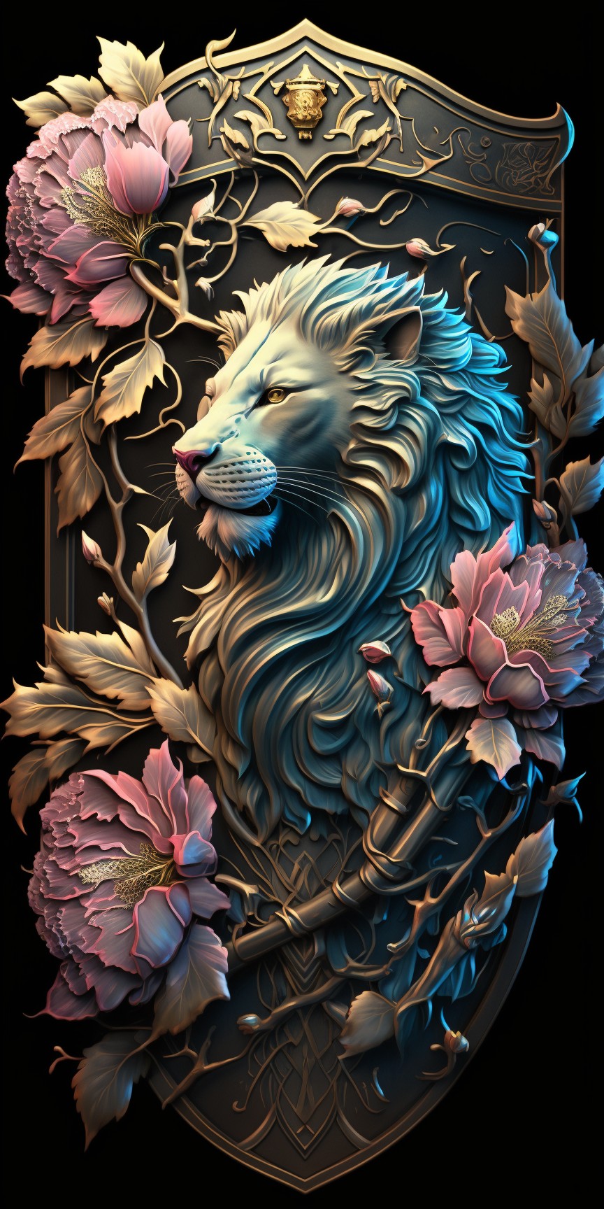 6 images of lion shield wallpaper by Midjourney