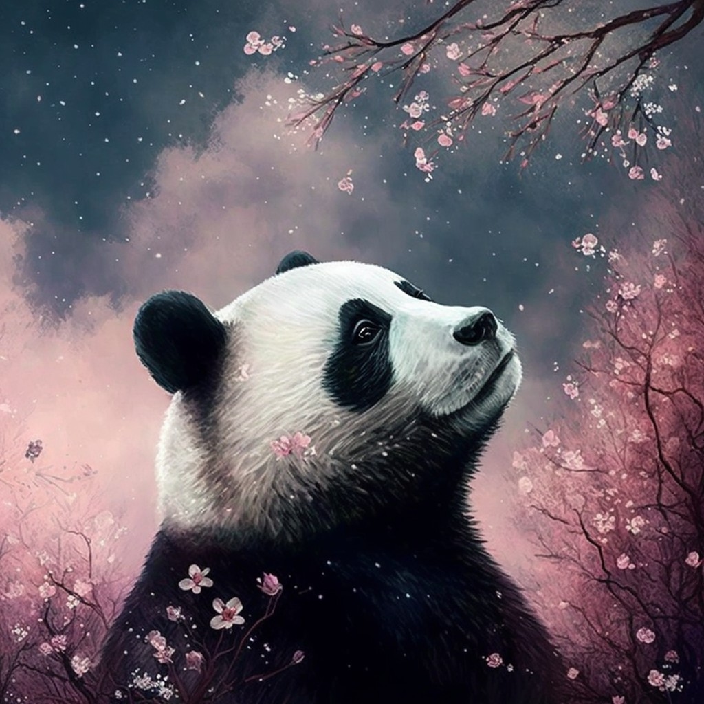 熊猫头像与樱花，手机壁纸图片，壁纸图片