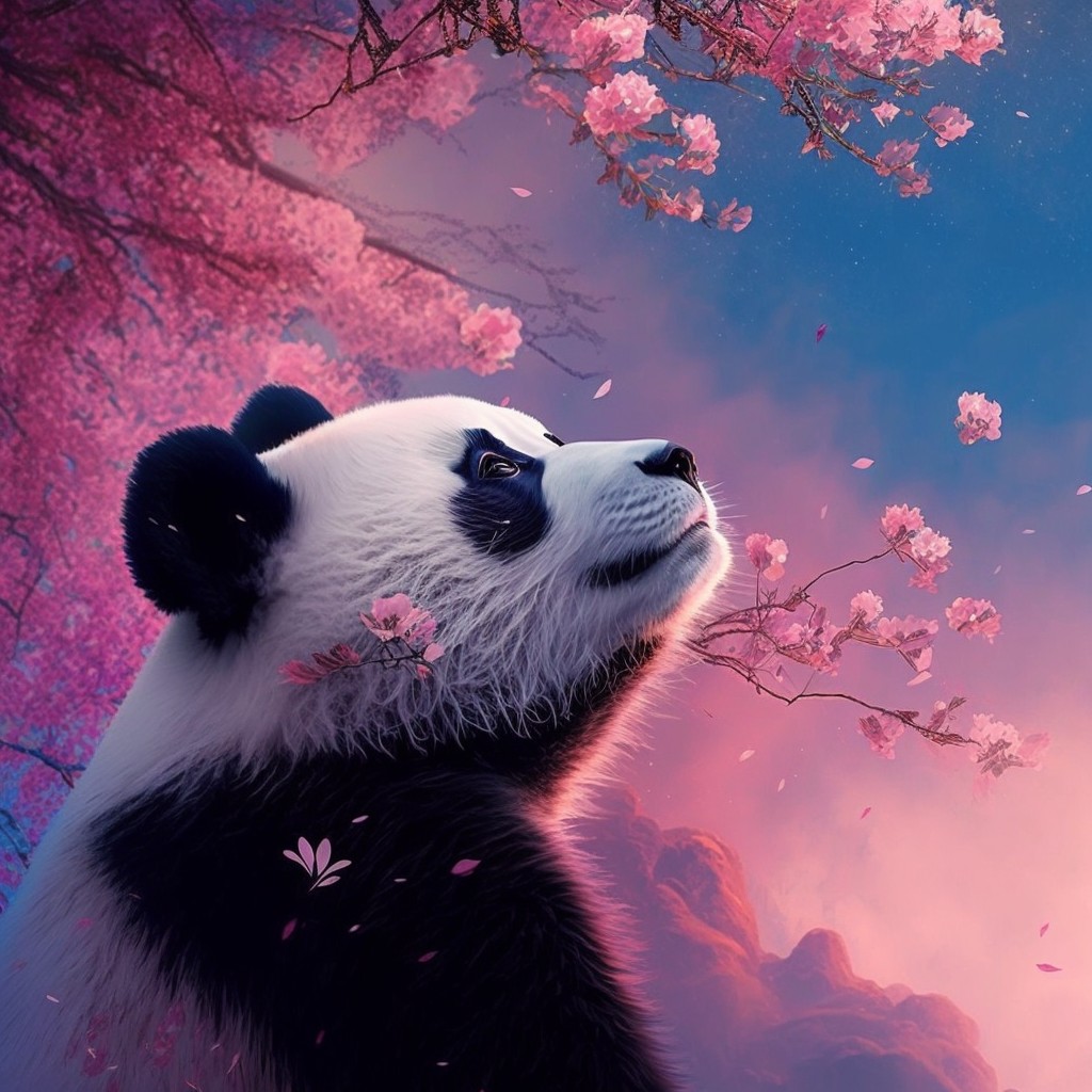 Panda head portrait with sakura